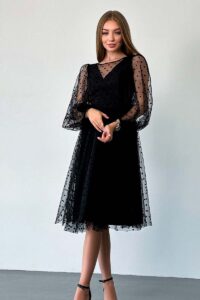 Коктейльна Сукня Сітка Флок 23065 Чорний