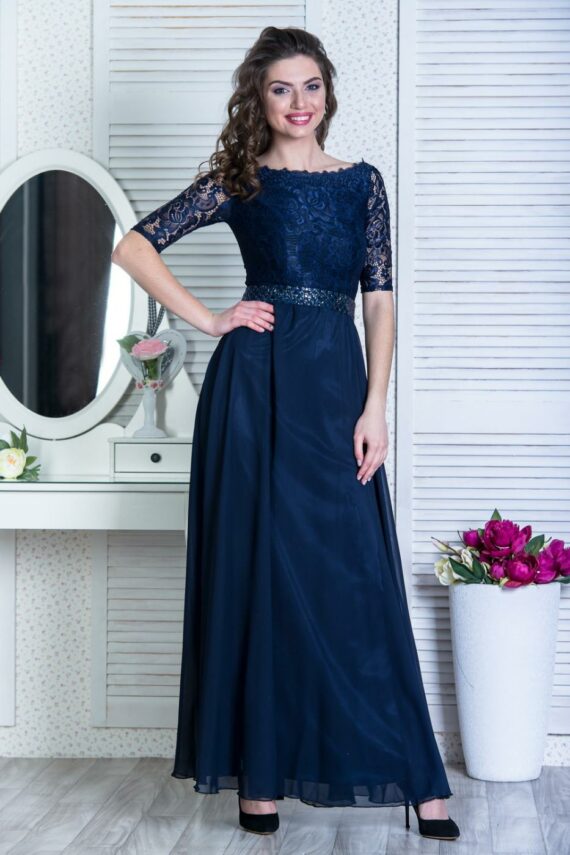 Вечірня Сукня Гіпюр Шифон 6011 Синя