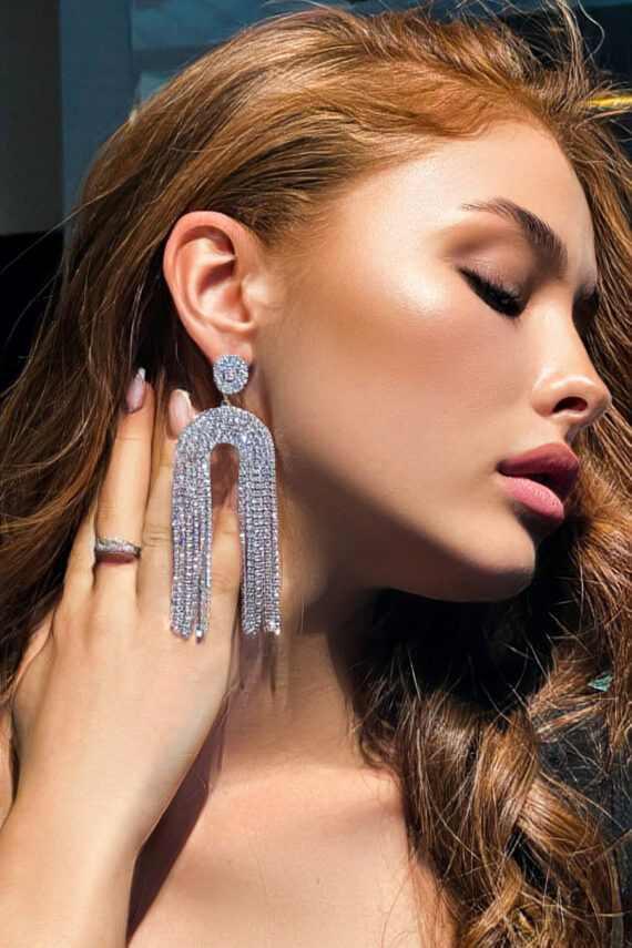 Сережки "Водоспад Підкова" Стрази 23518 Сріблясті