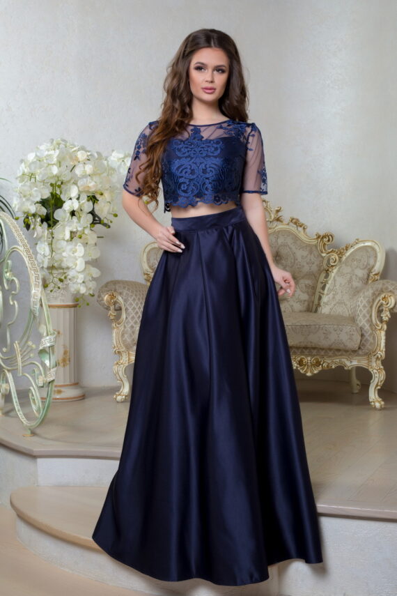 Вечірня Сукня Атлас Вишивка 8012 Синя