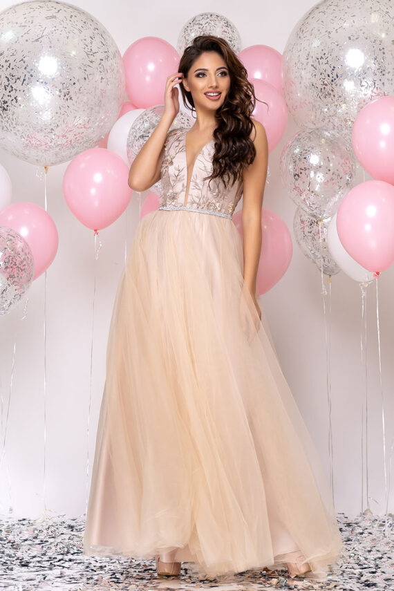 Вечірня сукня Декольте Вишивка 20026 Бежева