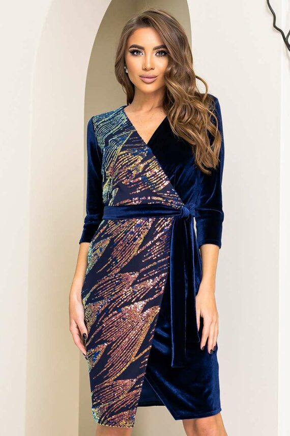 Коктейльна Сукня Оксамит Паєтка 21150 Синя