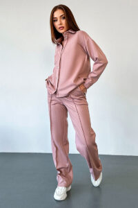 Брючний замшевий  костюм кнопки 23080 Рожевий