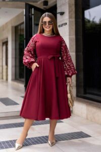 Коктейльна Сукня Рукава Вишивка 23081 Бордова