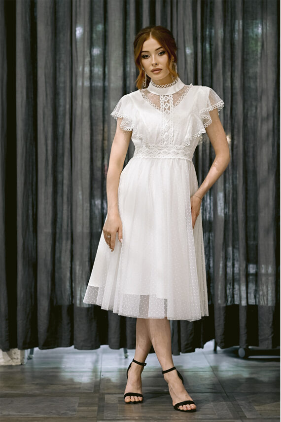 Коктейльна Сукня Мереживна Сітка 23049 Молочна