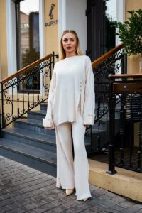 Брючний Костюм В'язаний Оверсайз 24506 Молочний